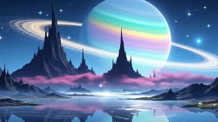 Colorful giant planet rising behind sharp futuristic mountain landscape. Space concept - Powered by Adobe