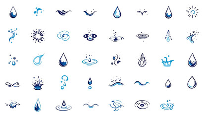 Collection of abstract blue water splashes and droplets in various dynamic shapes and forms, perfect for graphic design elements.
