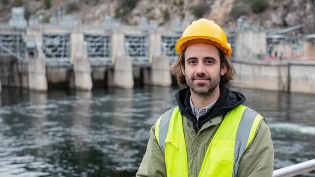 Hydroelectric Engineer in Action: A skilled engineer, wearing essential safety gear, poses confidently against the backdrop of a modern hydroelectric dam.