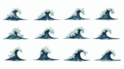 A vibrant collection of dynamic cartoon ocean waves showcasing powerful water splashes and breaking surf, designed as vector graphics for animation.