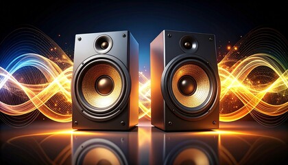 Two sleek black speakers with golden cones emit radiant waveforms of orange, yellow, and blue across a dark backdrop—evoking audio energy, sonic motion, and dynamic visual rhythm.