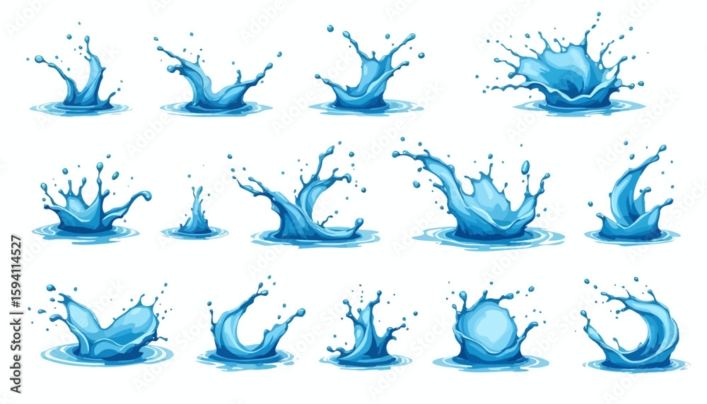 Poster a dynamic collection of vector water splashes, showcasing various forms and movements, perfect for a