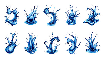 Obraz premium A vibrant collection of dynamic blue water splashes with realistic droplets and fluid motion, presented as isolated vector illustrations.