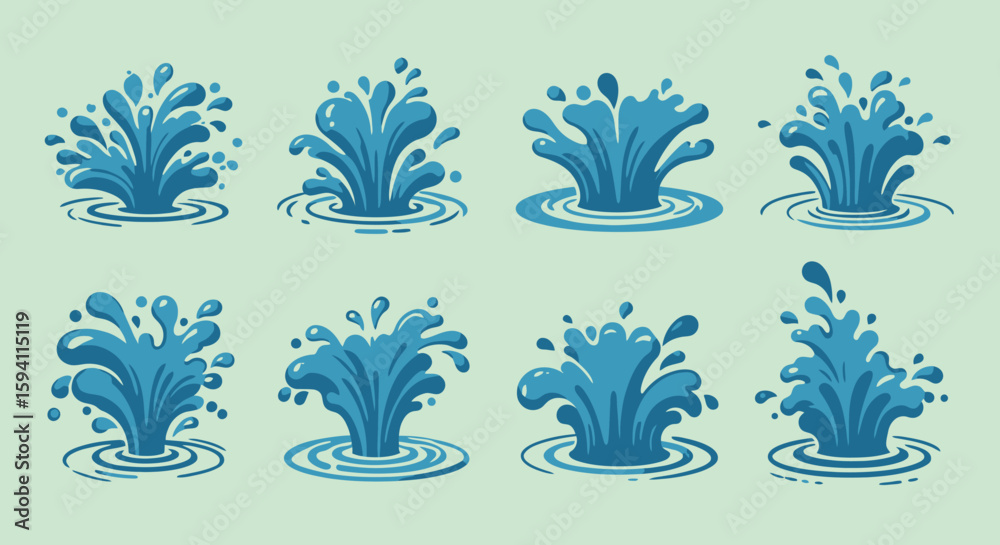 Poster a dynamic collection of eight vector water splashes, each uniquely designed with varying heights and
