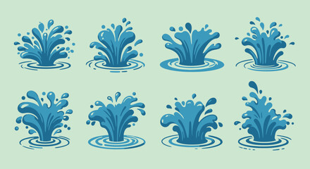 A dynamic collection of eight vector water splashes, each uniquely designed with varying heights and shapes, creating a visually appealing and versatile resource.