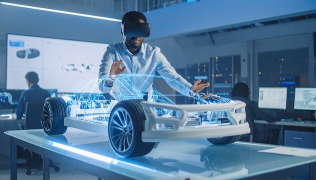 A person wearing a VR headset interacts with a holographic car chassis in a sleek lab setting—evoking immersive innovation, futuristic engineering, and the fusion of tech and imagination. - Powered by Adobe