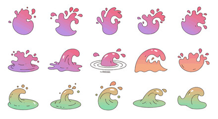 Obraz premium A vibrant vector illustration showcases a collection of colorful water splash designs, perfect for adding dynamic visual elements to any creative project or graphic design.