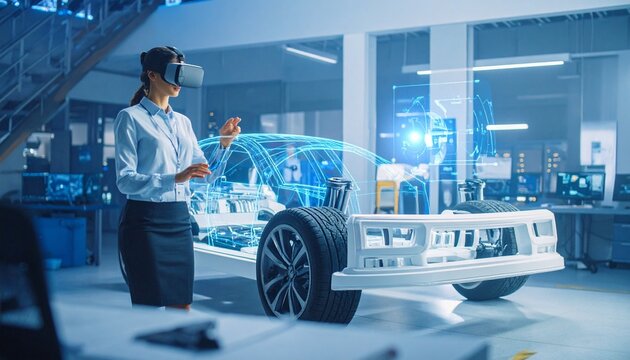 A person wearing a VR headset interacts with a holographic car chassis in a sleek lab setting—evoking immersive innovation, futuristic engineering, and the fusion of tech and imagination.