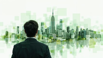 Man contemplates futuristic cityscape, a vision of architectural innovation and sustainable development.