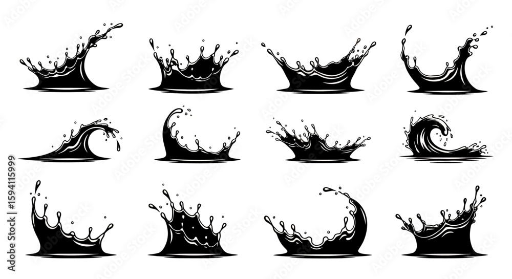 Poster dynamic vector illustration showcasing a collection of water splash elements in various shapes and f