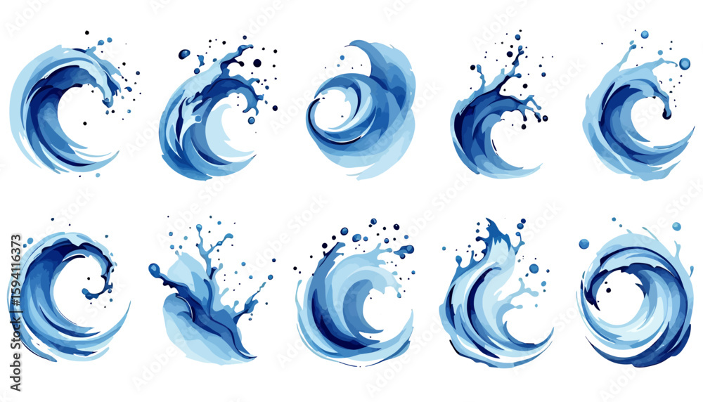 Poster collection of dynamic water splash vectors in various shapes, creating a refreshing and visually app