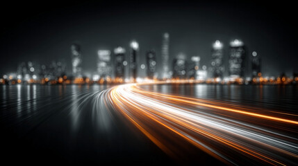 Fototapeta premium Vertical cityscape with glowing white fiber optic strands linking tall buildings, symbolizing urban connectivity, fast digital communication, and futuristic technology in a modern smart city. 