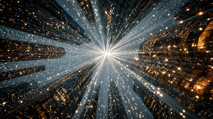 Vertical cityscape with glowing white fiber optic strands linking tall buildings, symbolizing urban connectivity, fast digital communication, and futuristic technology in a modern smart city.
