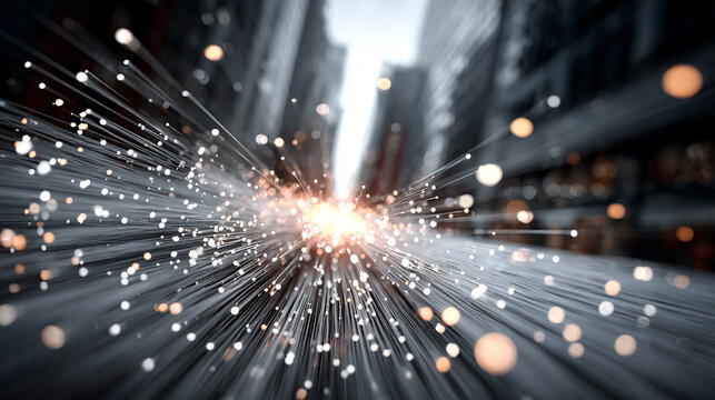 Vertical cityscape with glowing white fiber optic strands linking tall buildings, symbolizing urban connectivity, fast digital communication, and futuristic technology in a modern smart city.