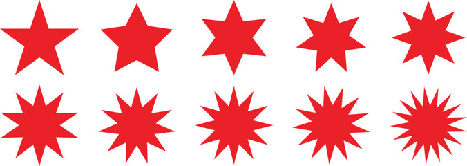 Starburst icon set, quality mark, retro stars, circle sticker, red badges. Starburst red shape tags for price tags. Flat star vector illustration isolated on white background.
