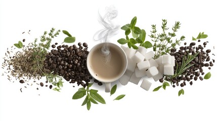 Coffee beans, herbs, and sugar cubes arranged artistically.