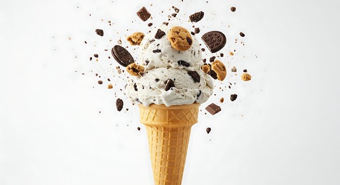 A refreshing and delicious ice cream cone with cookie toppings, perfect for a summer treat. 