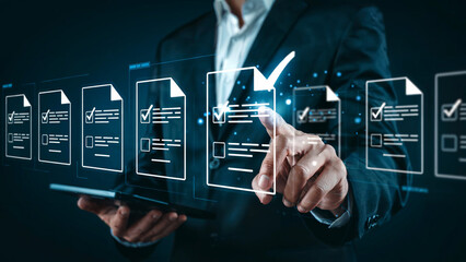 Business professional selecting a verified document from a digital interface displaying multiple approved forms with checkmarks