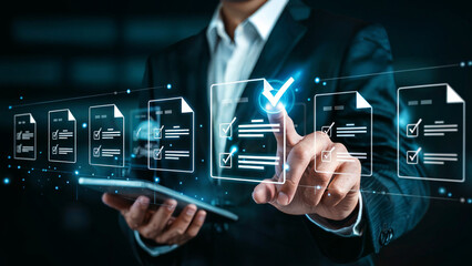 Business professional interacting with a holographic display of digital documents and data charts for analysis and management