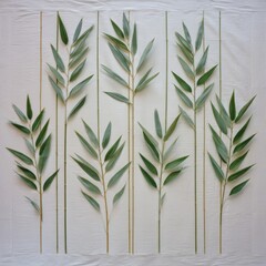Symmetrical arrangement of eight green leafy stems on a textured white background, evenly spaced, creating a minimalist botanical pattern
