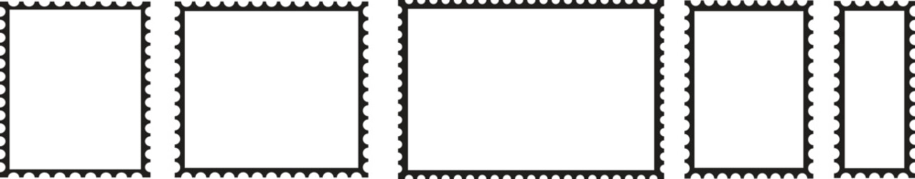 Postage stamp set. Mockup postage stamps. Blank postage stamps. Post stamp frame and border. Zigzag edge and scallop edge. Rectangle shape with zigzag edges.