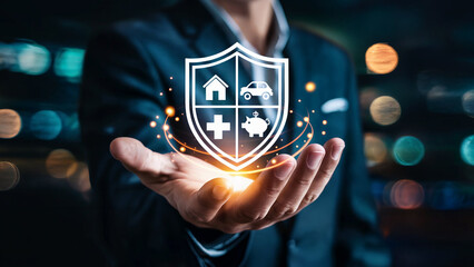 Businessman holding a glowing shield symbolizing comprehensive protection for home car health and savings against risks