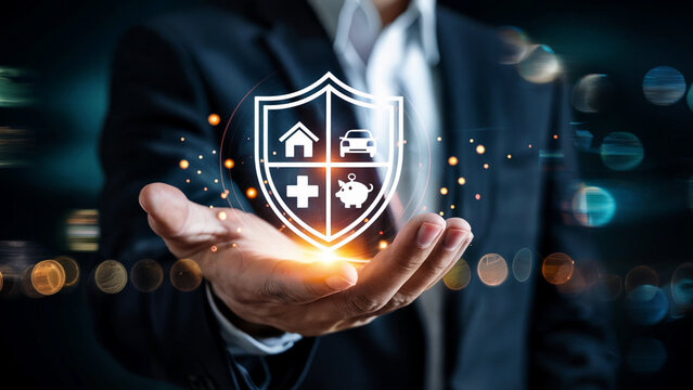 Businessman holding a glowing shield with icons representing home health car and finance symbolizing protection and security