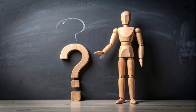A wooden mannequin gestures toward a large wooden question mark in front of a chalkboard with a faint chalk-drawn question mark—evoking curiosity, reflection, and the pursuit of knowledge.