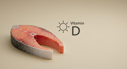 Salmon steak with vitamin D symbol on neutral background  