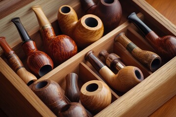 Wooden smoking pipes arranged in a wooden box.