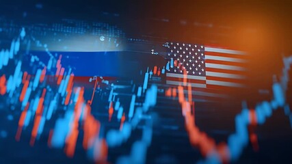 A stock market chart with the Russian and American flags on either side, indicating crossroads in global economic trends between Russian and America. - Powered by Adobe