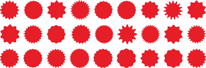 Set of red starburst, sunburst badges. Design elements for sale sticker, price tag and quality mark. Star burst shape abstract shape element. Special offer price tags. Starburst promotional