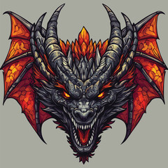 Aggressive Red Dragon Head Illustration with Metallic Wings and Dark Fantasy Aesthetic. Mythical Creature