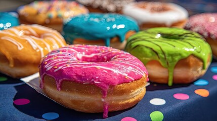 Colorful glazed doughnuts on a table.