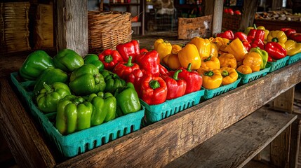Colorful bell peppers displayed in wooden crates.