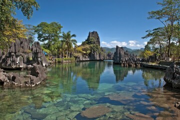 Obraz premium Crystal-clear lagoon, dramatic rocks, lush trees