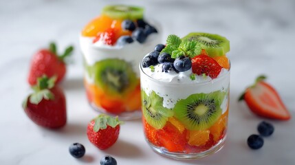 Colorful fruit dessert in layered glass cups.