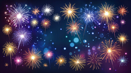 Naklejka premium Vibrant and colorful fireworks exploding in a dark night sky creating a festive and celebratory atmosphere with bokeh lights