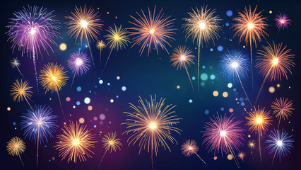 Naklejka premium Vibrant colorful fireworks exploding in a dark night sky creating a festive celebratory atmosphere with sparkling lights