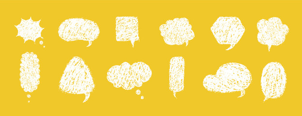 Balloon speech crayons. Kids text boxes Set with Crayon doodles and chalk scribble. White cartoon dialogue boxes on yellow background.