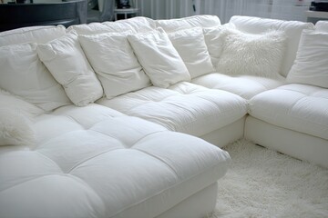 White sectional sofa with plush pillows, on plush carpet