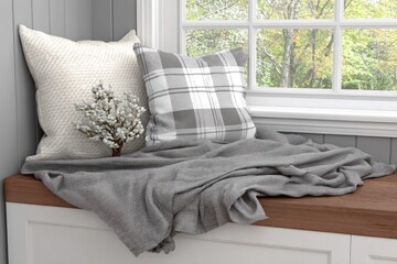 Cozy window seat with pillows and blanket