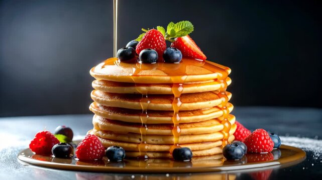 Stack of Fluffy Pancakes with Syrup and Berries – Classic Breakfast Delight in Warm Natural Light