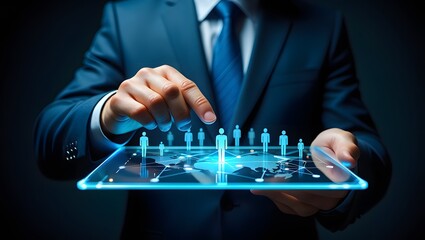Businessman interacting with a holographic display of global human resources and network connections