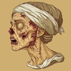 Ancient Mummy Head Illustration with Tattered Bandages and Beige Tones. Grotesque Horror Portrait