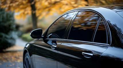 Close-up view of a dark tinted car window being installed on a sleek modern vehicle. Focus on precision and automotive craftsmanship. Clean background with space for caption on the side.


