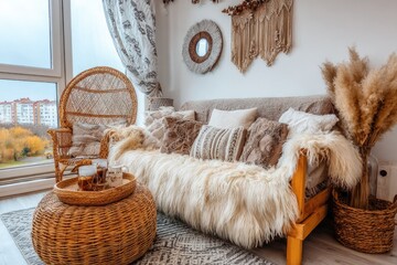 Cozy boho living room with wicker accents and warm tones
