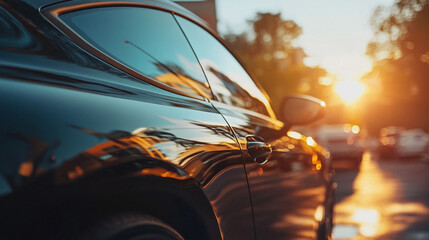Close-up view of a dark tinted car window being installed on a sleek modern vehicle. Focus on precision and automotive craftsmanship. Clean background with space for caption on the side.

