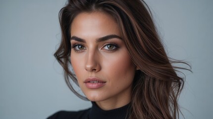 Naklejka premium Closeup fashion face studio portrait of tanned caucasian brunette woman. Fashionable stylish female model with makeup posing on empty background