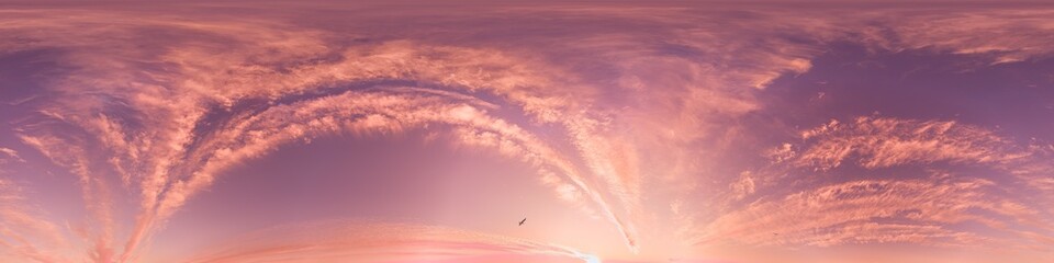 Sunset sky with bright glowing pink Cirrus clouds. Seamless spherical HDR 360 panorama. Full zenith or sky dome in 3D, sky replacement for aerial drone panoramas. Climate and weather change.